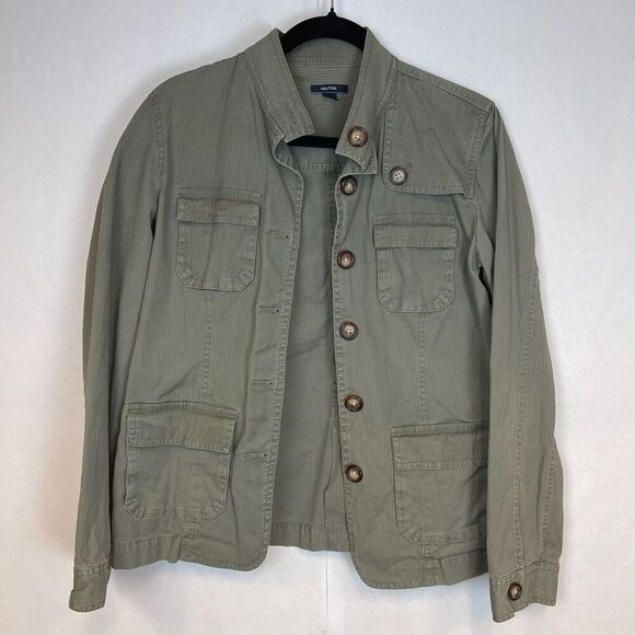 Nautica Jacket Women's Army Green Long Sleeve Button Up Flap Pockets Size 8 - Picture 1 of 16